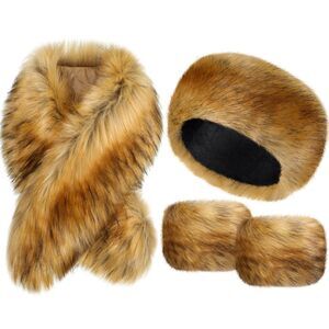 5127 3 Piece Faux Fur Collar Wrist Cuffs Headband With Stretch
